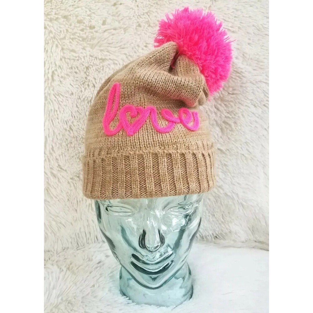 Mix It Knit Slouch Knit Hat Pom Pom Beanie Love Pink & Tan One Size